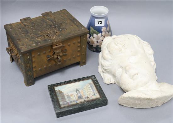 A plaster wall mount of a cherubs face, a metal box, a B + G vase and a print inset in marble tallest 14cm